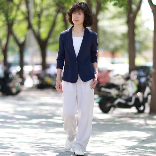 藏蓝针织弹力修身薄款女春夏西装
