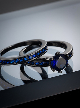 欧美风ins蓝宝石满钻情侣对戒