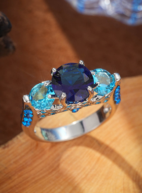 闪亮霸气欧美男士指环托帕海蓝石