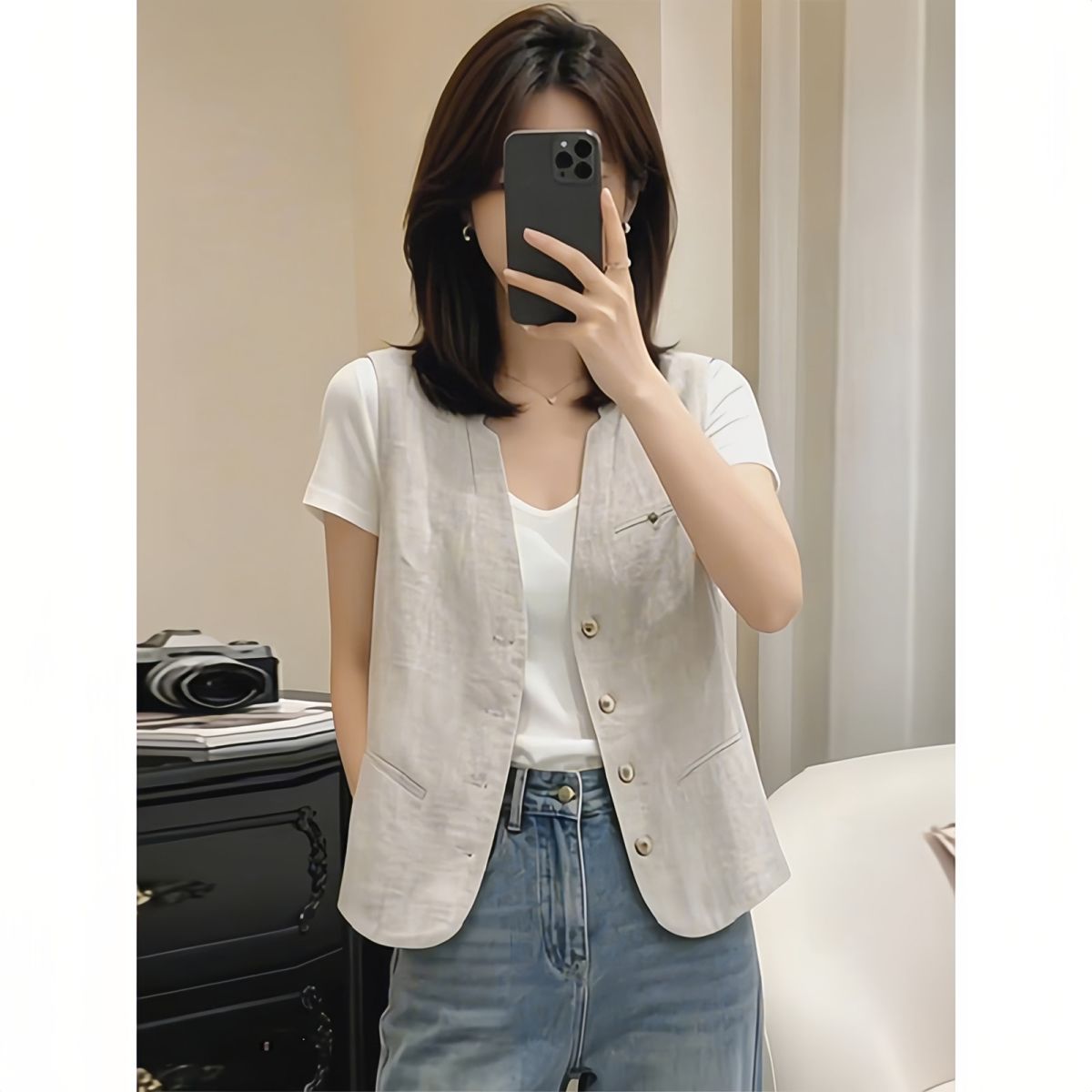 韩系复古文艺无袖亚麻V领西装马马夹