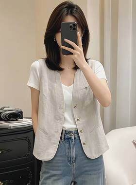韩系复古文艺无袖亚麻V领西装马甲女夏季新款英式风时髦外套上衣