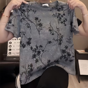 洋气纯色花卉印花短袖女夏季新款宽松圆领减龄显瘦遮肚T恤上衣
