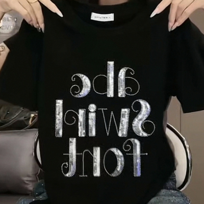 2026新款夏季时尚百搭字母刺绣亮片短袖T恤女修身显瘦圆领上衣