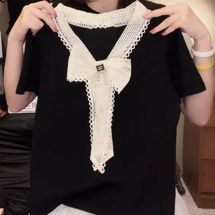 法式蕾丝蝴蝶结系带V领短袖女夏季新款拼接时尚正肩T恤洋气上衣