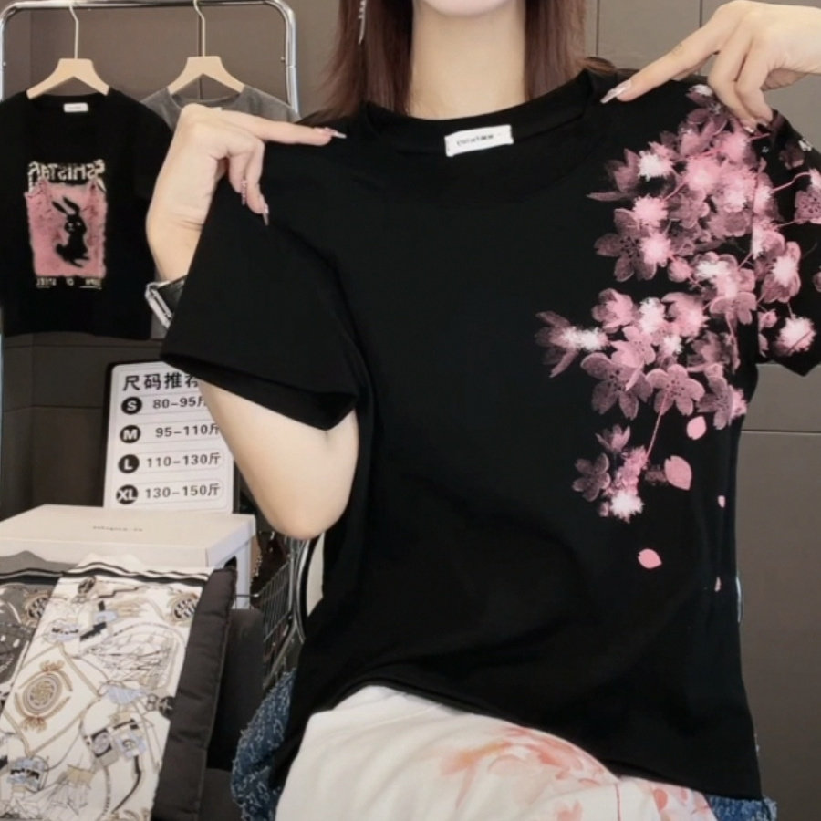 2026夏季新款梅花印花短袖T恤女修身显瘦时尚休闲百搭图片