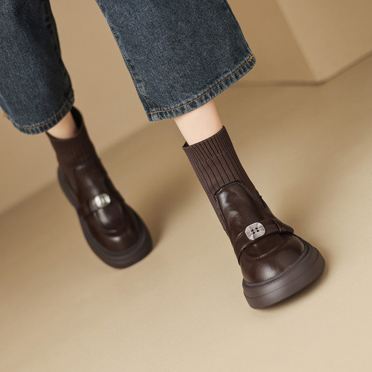 秋冬皮靴粗跟中跟短靴女短筒棕色靴子针织袜靴弹力瘦靴大码小码YM,女鞋,时装靴,淘宝优惠券,粉丝福利购,淘宝优惠卷