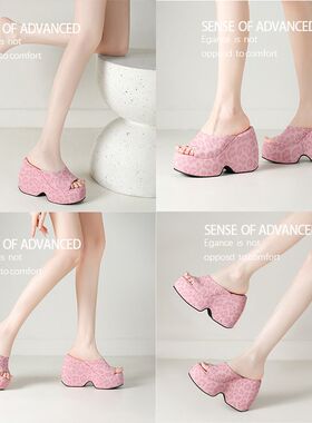 夏季松糕厚底高跟拖鞋女坡跟增高蓝色白色粉红色凉拖大码凉鞋YMA