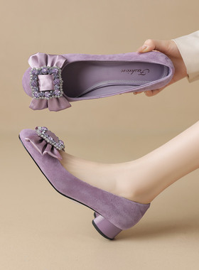 蝴蝶结春秋小皮鞋粗跟中跟浅口单鞋女圆头紫色鞋子绒面真皮女鞋SY