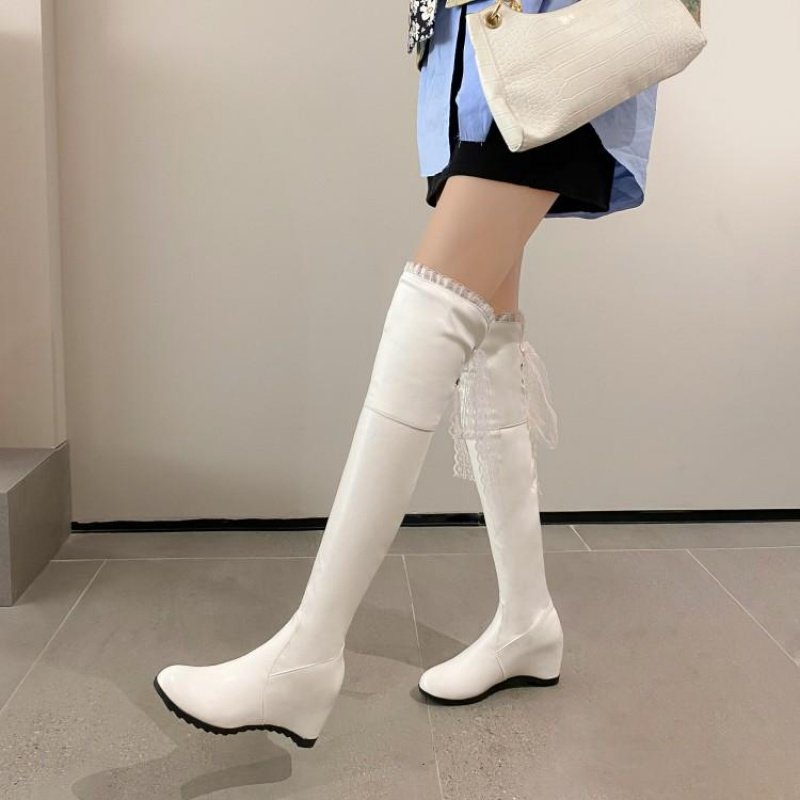 粉红色白色靴子内增高高跟过膝长靴长筒女弹力瘦瘦靴大码女靴 GT