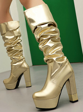 外贸金色银色棕色白色靴子防水台粗跟高跟高筒女走秀表演大码 YLL