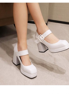 方头扣带春秋粗跟高跟单鞋女白色红色米色橙色婚鞋大码小码鞋 BD