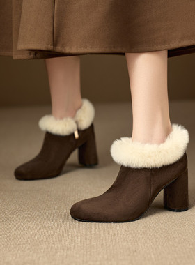 秋冬皮靴棕色咖啡色兔毛靴子粗跟高跟短靴女裸靴皮草真皮女靴SLLM