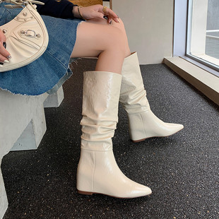 秋冬皮靴尖头内增高高跟高筒靴女米白色靴子褶皱堆堆靴真皮女靴LB