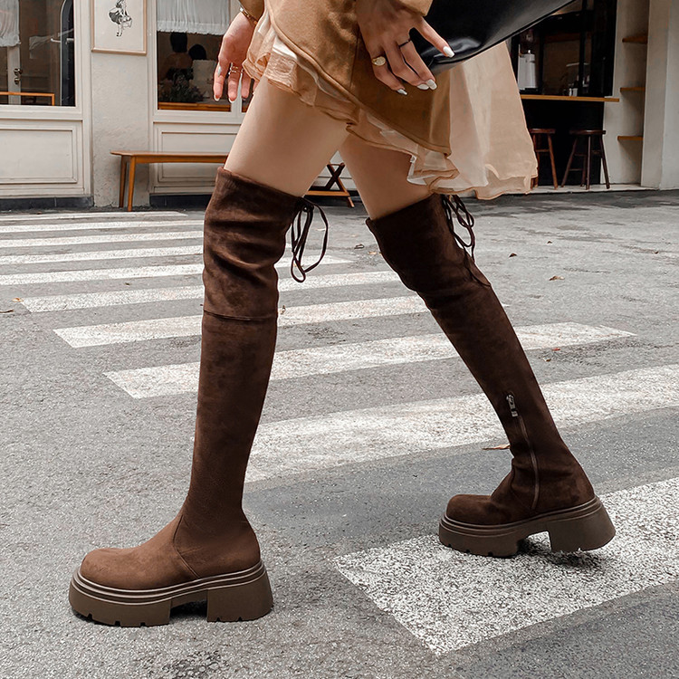 春秋冬皮靴绒面单靴中跟过膝长靴弹力袜靴瘦瘦靴长筒女棕色靴子LX