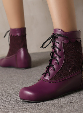 外贸小皮靴内增高中跟短筒女白色红色绿色紫色靴子学院大码鞋 LJC