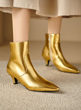 外贸皮靴尖头细跟高跟短靴女金色银色靴子裸靴舞台表演大码靴PCSA