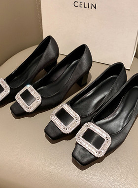 2024年新款春秋水钻职业方头粗跟低跟浅口单鞋女绸缎高跟女鞋LLLM