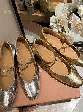 春秋皮鞋玛丽珍鞋圆头粗跟中跟浅口单鞋女金色银色全皮真皮鞋LLLM