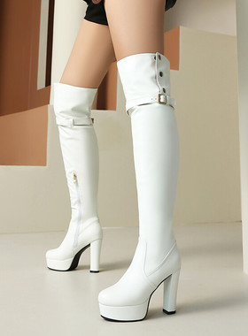秋冬皮靴欧美外贸表演粗跟高跟过膝长靴蓝色白色靴子大码女靴ZXG