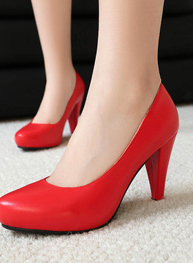 春秋粗跟高跟单鞋女豹纹色白色红色鞋子婚鞋新娘鞋工作鞋大码 ZXG