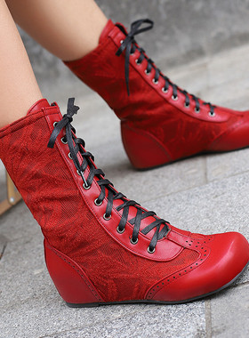 外贸皮靴女红色白色绿色紫色靴子内增高中跟短靴女系带大码鞋 LJC