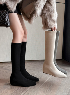 秋冬绒面舒适内增高中跟高筒女杏色灰色靴子弹力瘦瘦靴大码女靴LB