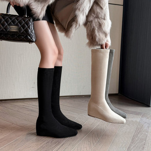 秋冬绒面舒适内增高中跟高筒女杏色灰色靴子弹力瘦瘦靴大码女靴LB
