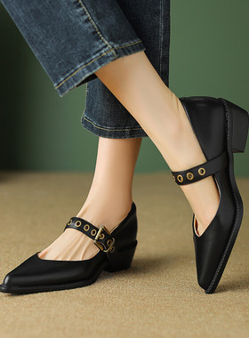 新款春秋季全皮真皮鞋子尖头粗跟中跟浅口单鞋女棕色玛丽珍鞋LLLM