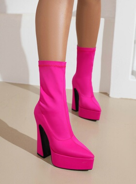 弹力瘦瘦靴尖头宝蓝色玫红色紫色靴子高跟短靴红色婚鞋大码靴 HC