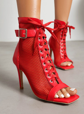 欧美外贸方头细跟高跟罗马凉鞋女镂空凉靴网靴白色红色靴子大码LD