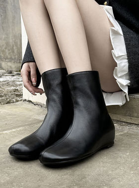 秋冬皮靴棕色靴子舒适好走路软皮鞋内增高中跟短靴女真皮女靴JQQ