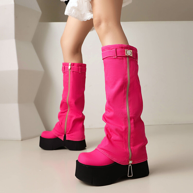 欧美增高鞋松糕厚底高筒靴女裤管靴牛仔布蓝色玫红色靴子大码ZXG