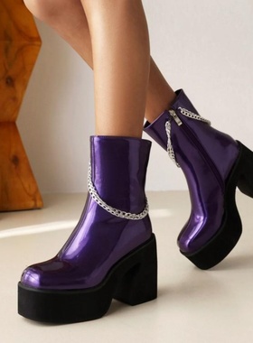 欧美漆皮亮皮粗跟高跟中筒女厚底马丁靴黄色紫色靴子大码女靴 MTH