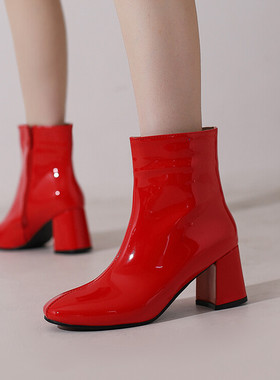 欧美粗跟高跟短筒女漆皮绿色红色蓝色白色黄色靴子婚鞋大码鞋 JSS