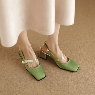 夏季粗跟中跟复古风浅包头单鞋女方头古风国风绿色卡其色大码鞋KB