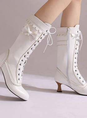 秋冬皮靴系带中筒靴女紫色棕色蓝色墨绿色白色红色靴子大码鞋LJC