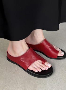 杏色红色拖鞋女夏季外穿软皮软底增高凉鞋舒适中跟真皮凉拖鞋 JMD
