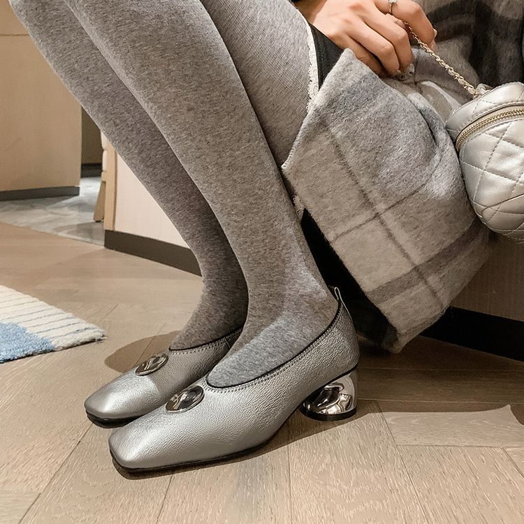 春秋皮鞋粗跟中跟单鞋女软皮金色银色鞋子职业工作鞋全欧真皮鞋JD