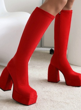 灰色红色靴子婚鞋欧美性感绒面粗跟高跟高筒靴女走秀表演大码 JYZ