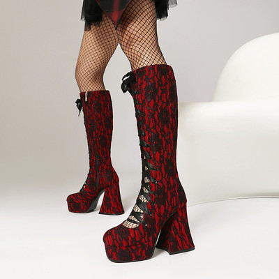 欧美外贸防水台性感粗跟高跟高筒靴女蕾丝薄款单靴红色大码鞋 HTM