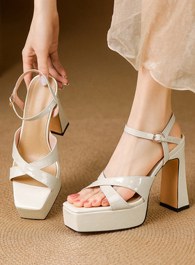 新款时尚夏季性感防水台高跟凉鞋女米白色红色增高全皮真皮鞋 GYL
