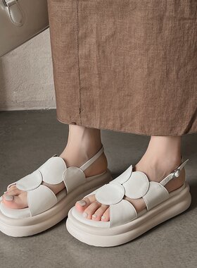 夏季外穿学生鞋米白色银色增高鞋沙滩松糕厚底中跟真皮凉鞋女 LDP