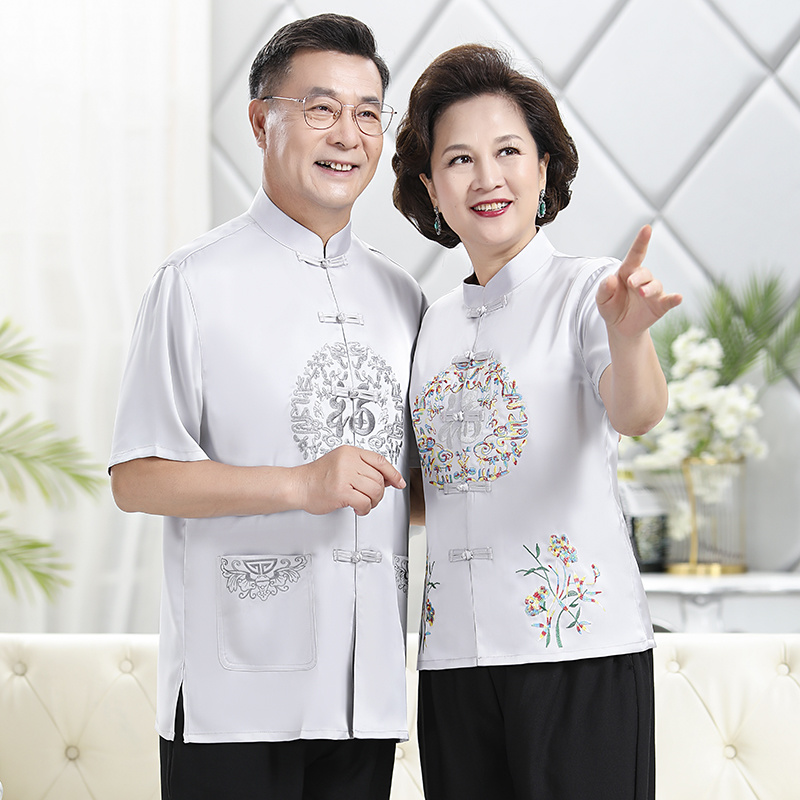 夏装短袖中国风老人过寿生日爷爷装唐装男士冰丝套装中老年人爸爸