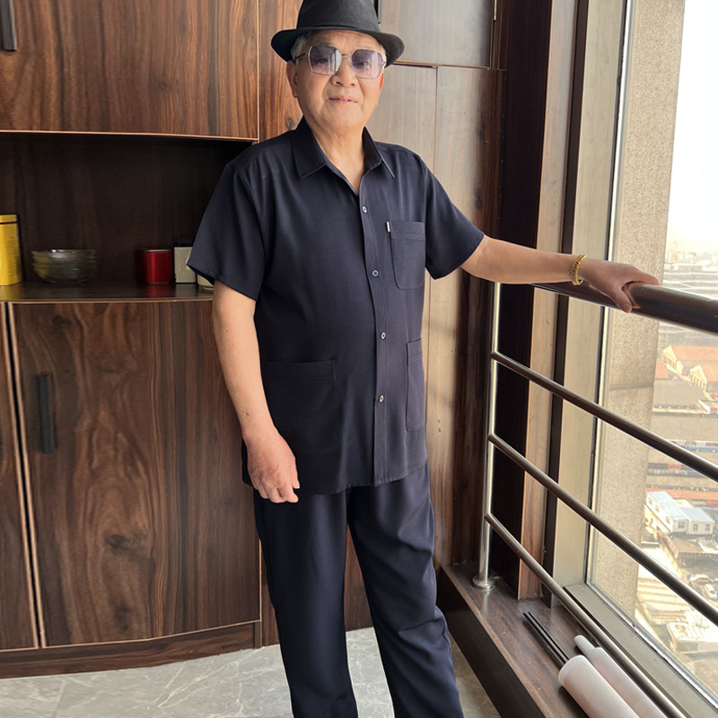 爸爸中老年四面弹半袖衬衫薄款夏季冰丝翻领多口袋衬衣爷爷短袖男
