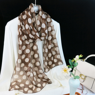 薇秋丝巾长条春秋冬季2025新款围巾女纱巾咖啡色圆点波点系脖披肩