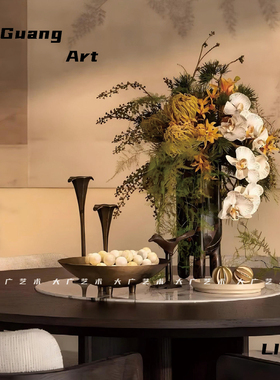大广 餐桌摆件中式中古风老钱风样板房新房展厅餐厅花瓶花艺软装