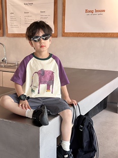 新款洋气纯棉宽松儿童紫色袖拼色插肩上衣男女童体恤半袖衫潮童装