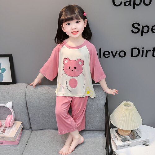 儿童睡衣夏季莫代尔女孩宝宝薄款家居服儿童七分袖卡通空调服洋气