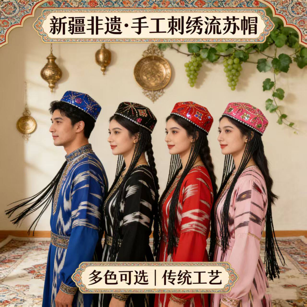 新疆六角带辫子男女成人帽子演出头饰维族舞蹈小花帽民族帽辫子帽