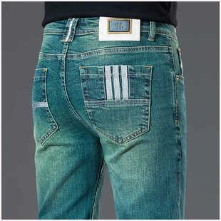 欧美大牌三条扛翡翠绿牛仔裤男修身直筒高端轻奢外贸品牌折扣牛货